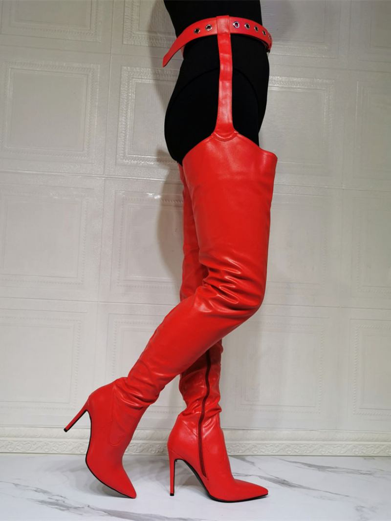 Botas Femininas Acima Do Joelho Plus Size Salto Agulha Couro Pu Bota Alta Coxa Vermelha - Vermelho