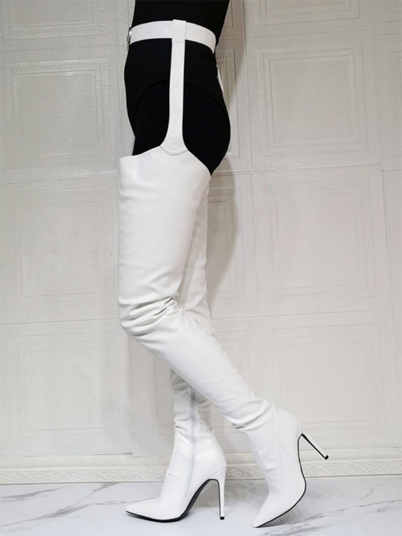 Botas Femininas Acima Do Joelho Plus Size Salto Agulha Couro Pu Bota Alta Coxa Vermelha - Branco
