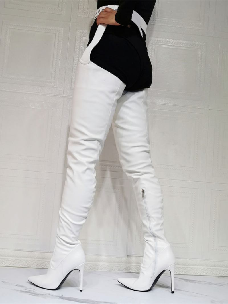 Botas Femininas Acima Do Joelho Plus Size Salto Agulha Couro Pu Bota Alta Coxa Vermelha - Branco