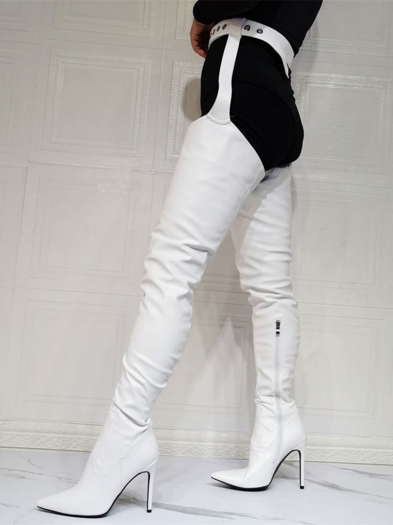 Botas Femininas Acima Do Joelho Plus Size Salto Agulha Couro Pu Bota Alta Coxa Vermelha - Branco