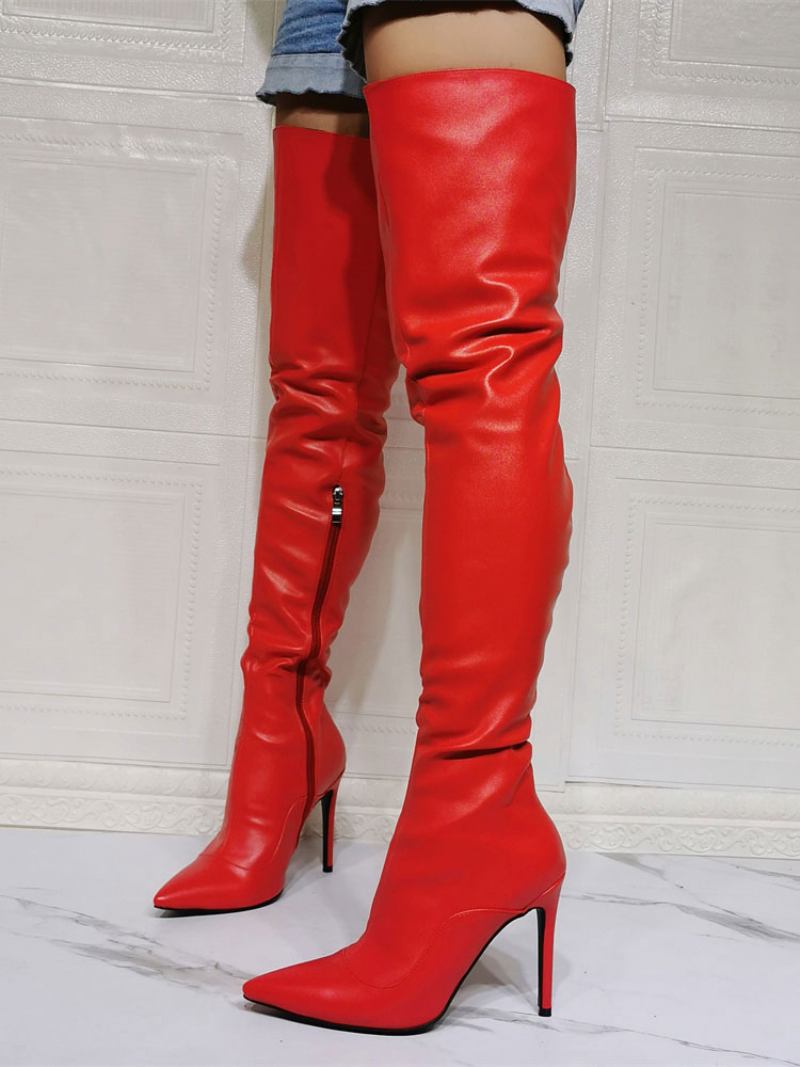 Botas Femininas Acima Do Joelho Plus Size Salto Agulha Couro Pu Bota Alta Coxa Vermelha - Vermelho