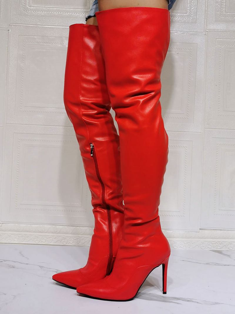 Botas Femininas Acima Do Joelho Plus Size Salto Agulha Couro Pu Bota Alta Coxa Vermelha - Vermelho