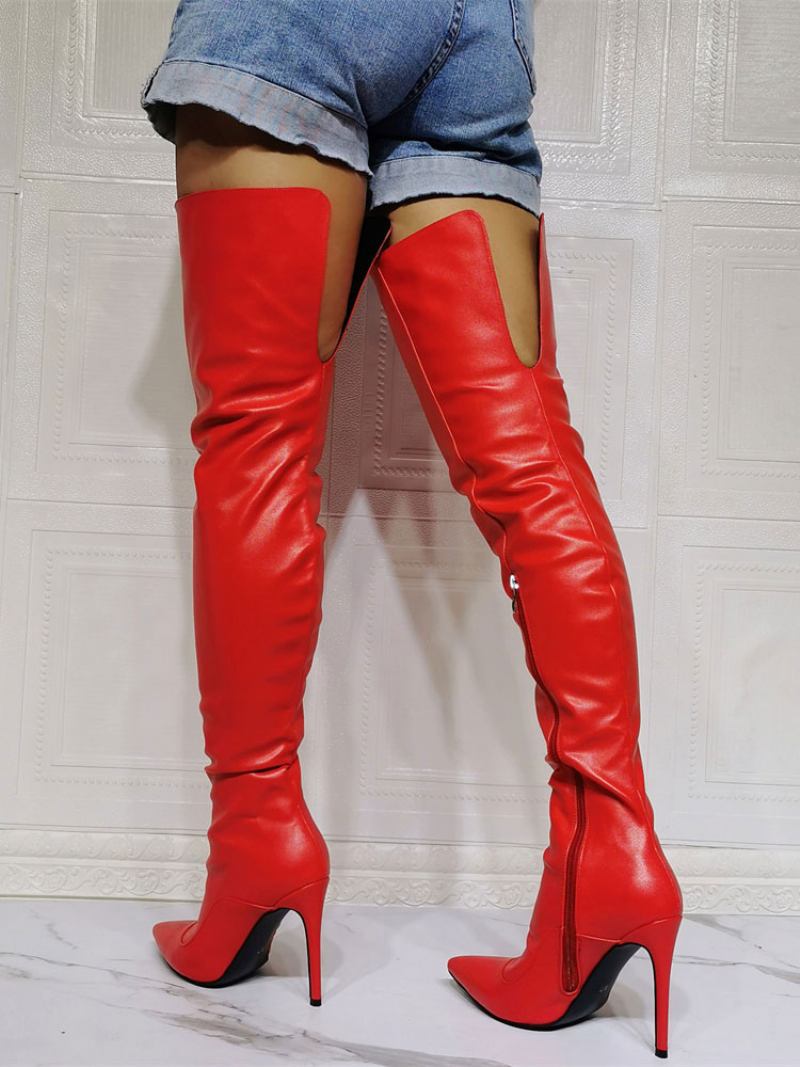 Botas Femininas Acima Do Joelho Plus Size Salto Agulha Couro Pu Bota Alta Coxa Vermelha - Vermelho
