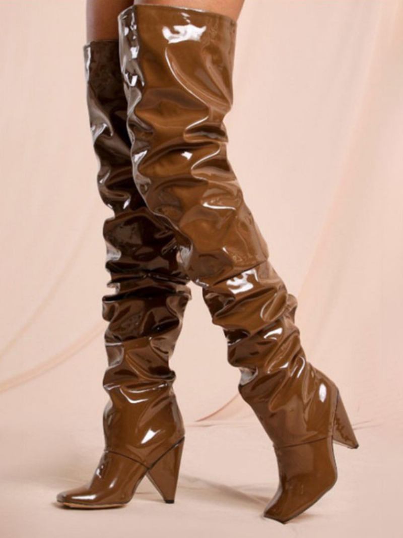 Botas Femininas Acima Do Joelho Salto Grosso Bico Fino Couro Pu Altas Na Coxa