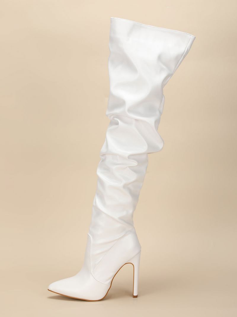 Botas Femininas Acima Do Joelho Salto Grosso Bico Fino Couro Pu Altas Na Coxa Branca