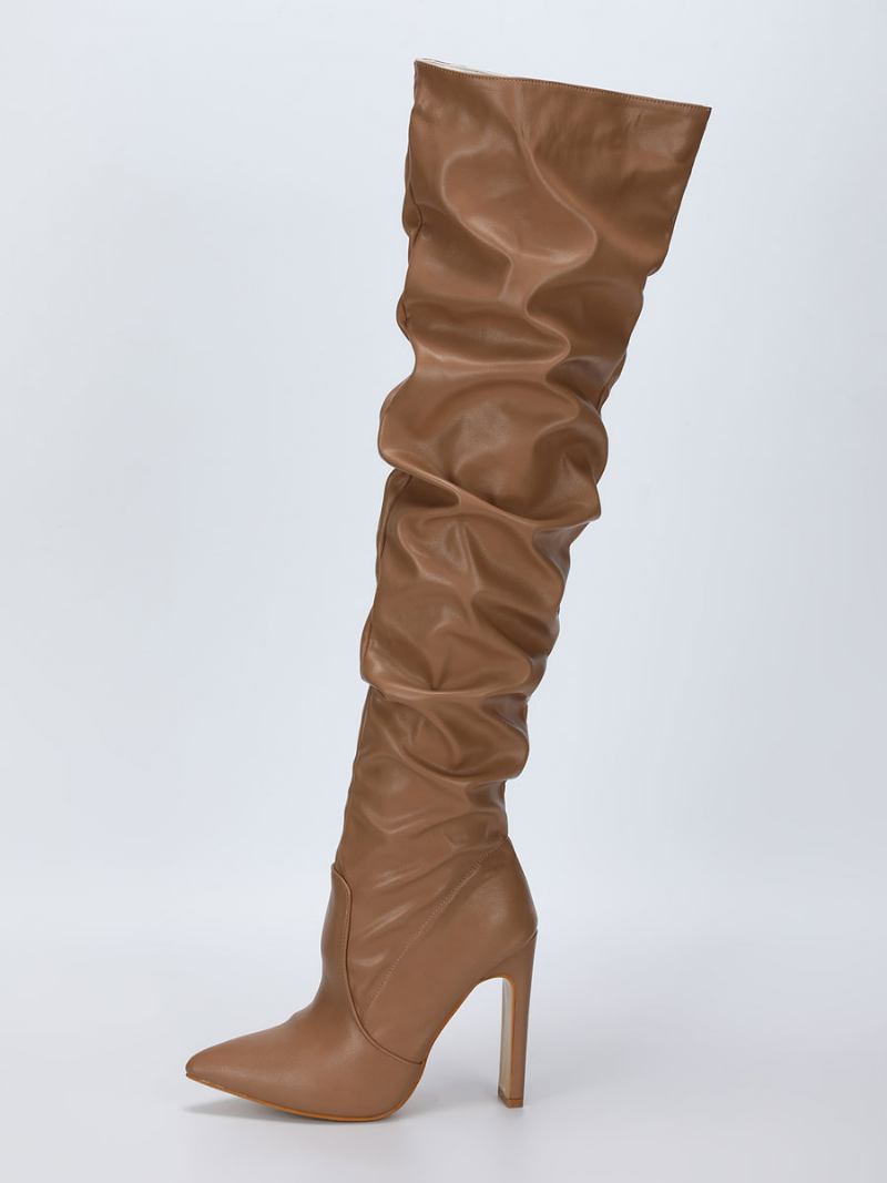 Botas Femininas Acima Do Joelho Salto Grosso Bico Fino Couro Pu Altas Na Coxa Branca - Camelo