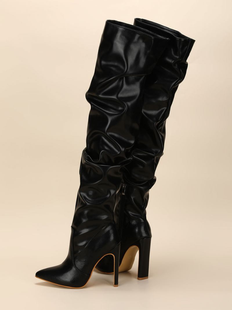 Botas Femininas Acima Do Joelho Salto Grosso Bico Fino Couro Pu Altas Na Coxa Branca - Preto