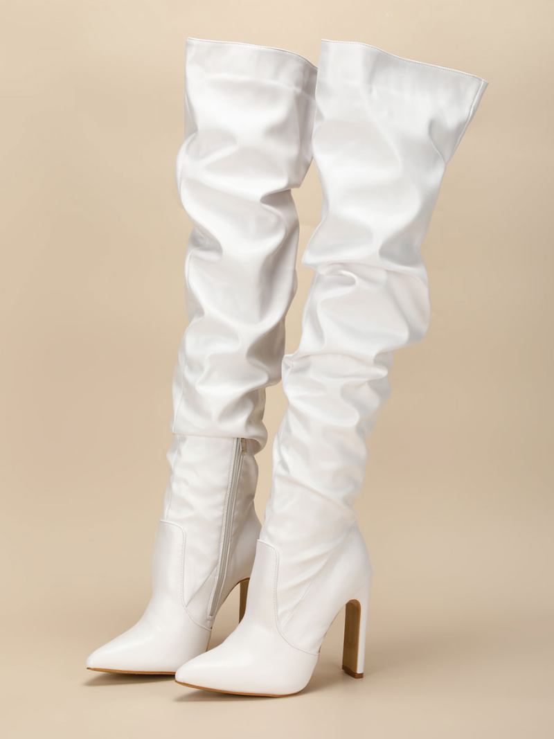 Botas Femininas Acima Do Joelho Salto Grosso Bico Fino Couro Pu Altas Na Coxa Branca - Branco