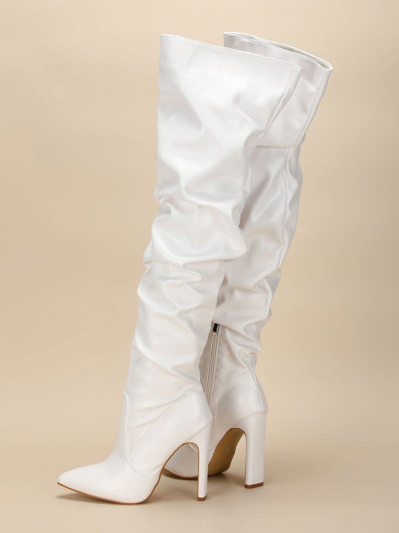 Botas Femininas Acima Do Joelho Salto Grosso Bico Fino Couro Pu Altas Na Coxa Branca - Branco
