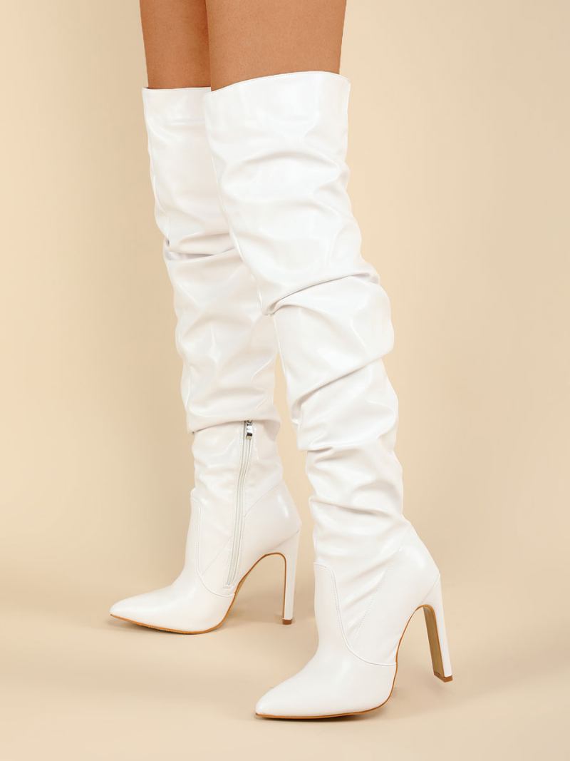 Botas Femininas Acima Do Joelho Salto Grosso Bico Fino Couro Pu Altas Na Coxa Branca - Branco