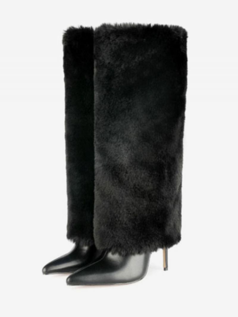 Botas Femininas Brancas Com Salto Agulha Felpudo E Cano Alto