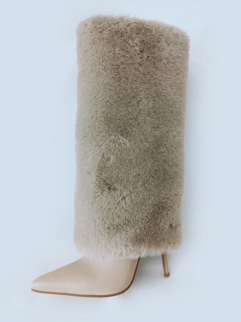 Botas Femininas Brancas Com Salto Agulha Felpudo E Cano Alto - Amarelo Claro