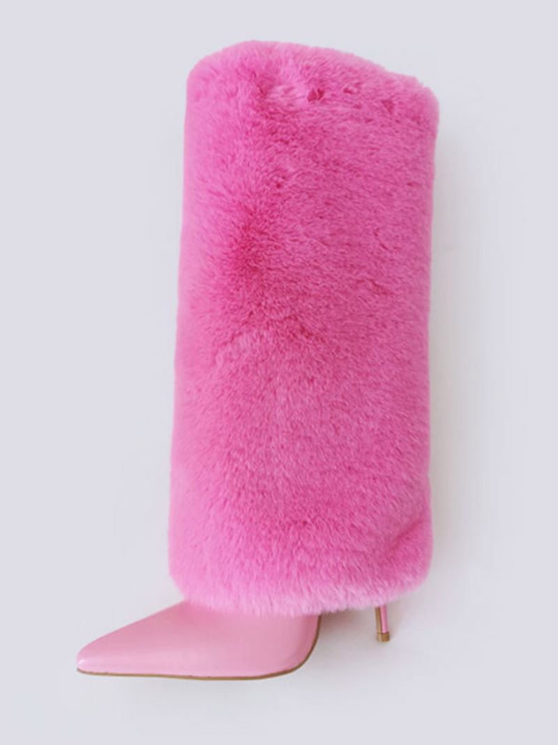 Botas Femininas Brancas Com Salto Agulha Felpudo E Cano Alto - Rosa