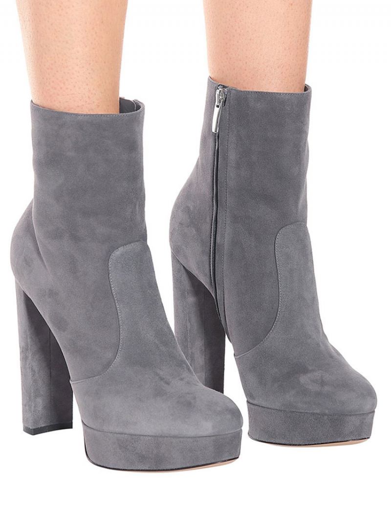 Botas Femininas Camurça Com Bico Redondo E Salto Grosso - Cinza