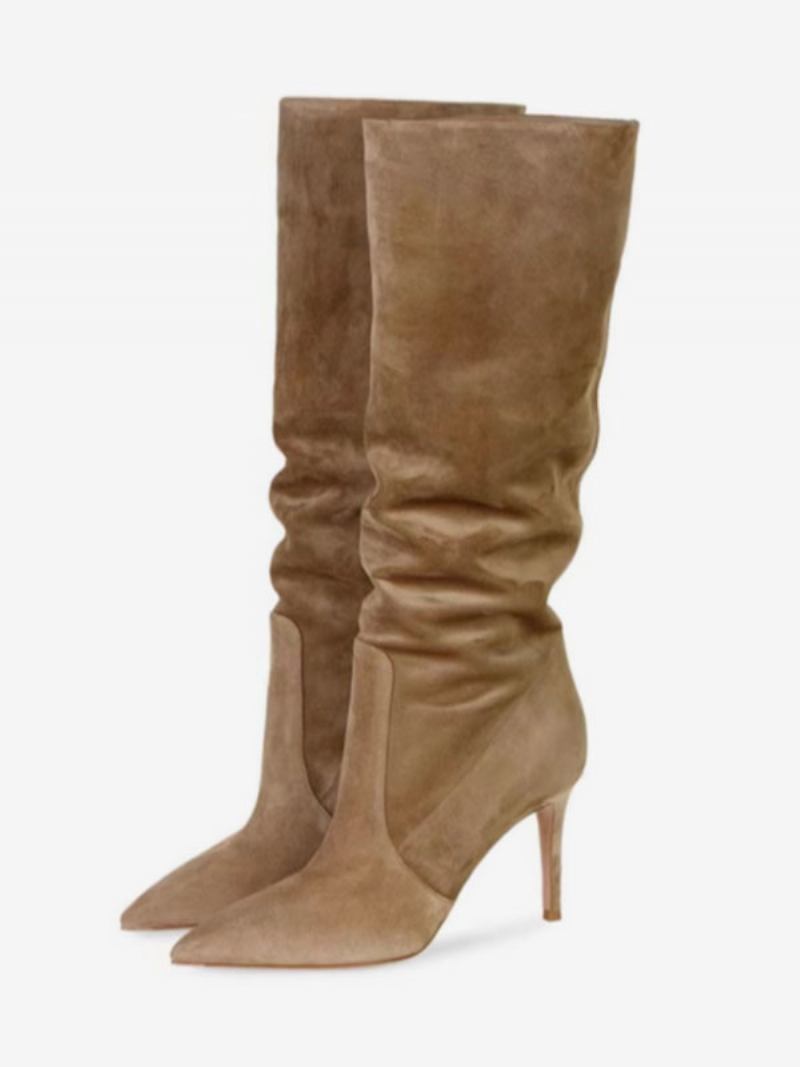 Botas Femininas Camurça Desleixadas Bico Fino Marrom Salto Agulha Cano Médio - Amarelo Claro Profundo 