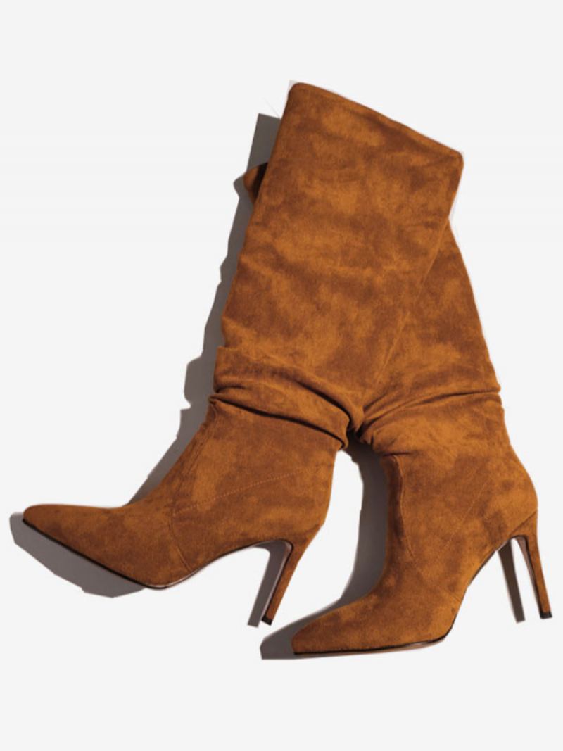 Botas Femininas Camurça Desleixadas Bico Fino Marrom Salto Agulha Cano Médio -  Marrom Café 
