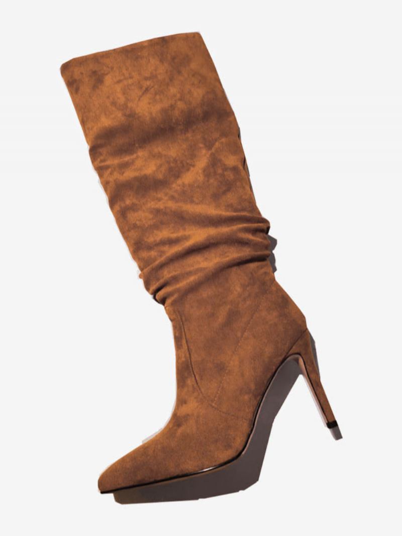Botas Femininas Camurça Desleixadas Bico Fino Marrom Salto Agulha Cano Médio -  Marrom Café 