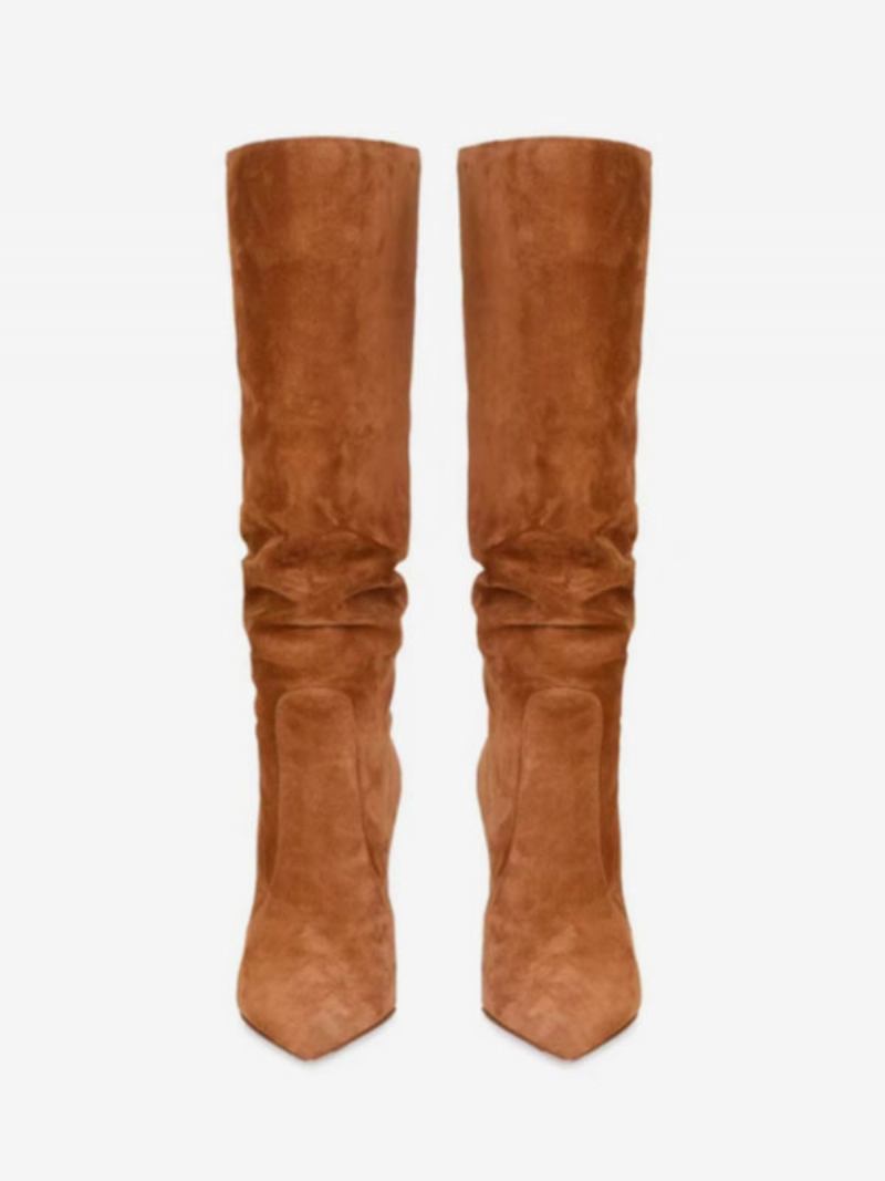 Botas Femininas Camurça Desleixadas Bico Fino Marrom Salto Agulha Cano Médio -  Marrom Café 