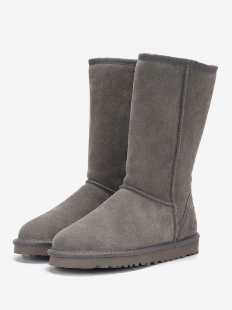 Botas Femininas Camurça Inverno Com Bico Redondo E Cano Médio Para Neve - Cinza Profundo