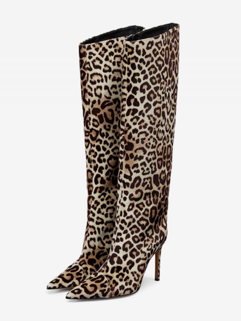 Botas Femininas Camurça Larga Na Panturrilha Leopardo Salto Alto Altura Do Joelho