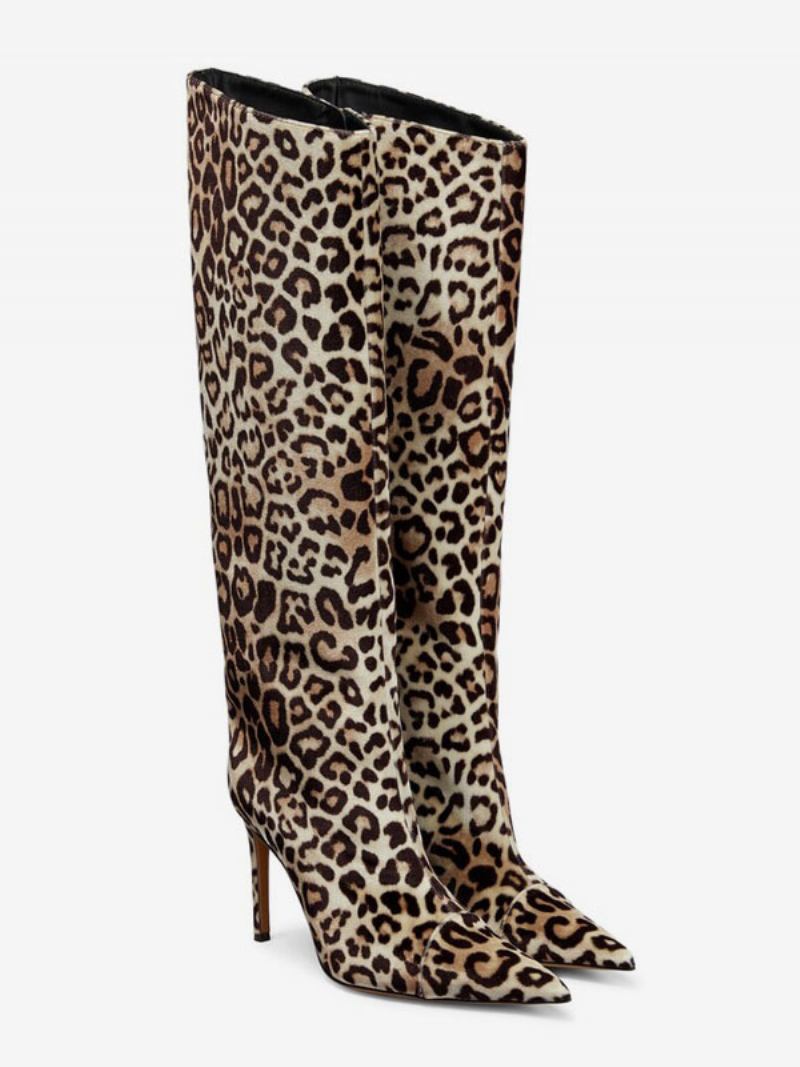 Botas Femininas Camurça Larga Na Panturrilha Leopardo Salto Alto Altura Do Joelho - Leopardo