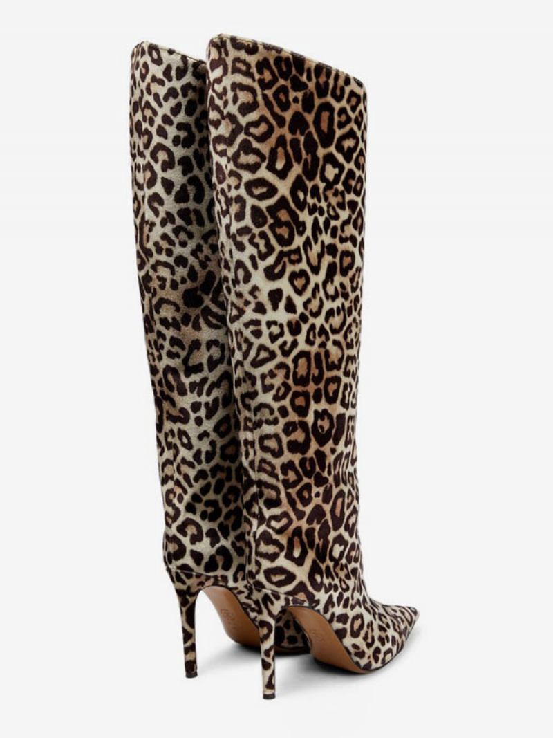 Botas Femininas Camurça Larga Na Panturrilha Leopardo Salto Alto Altura Do Joelho - Leopardo