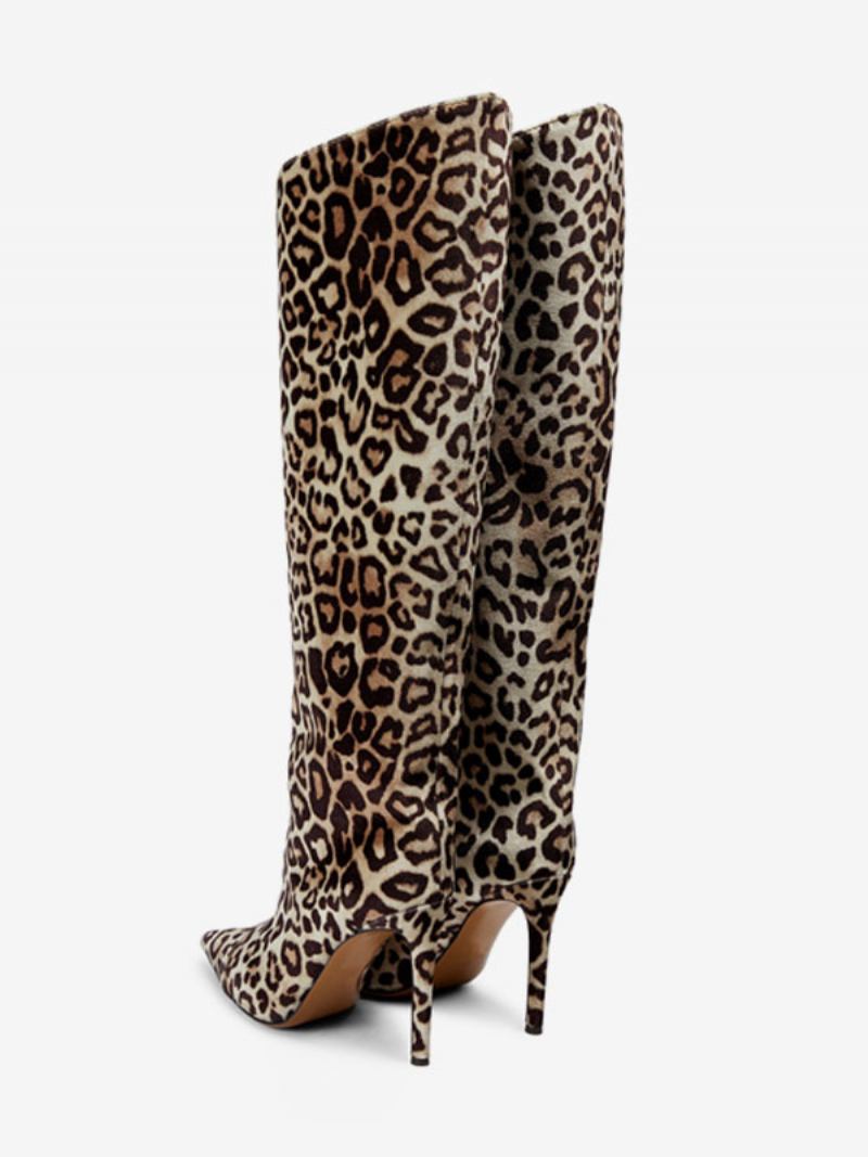 Botas Femininas Camurça Larga Na Panturrilha Leopardo Salto Alto Altura Do Joelho - Leopardo