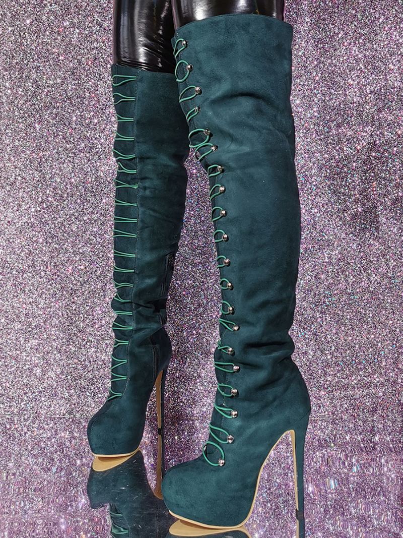 Botas Femininas Cano Alto Com Bico Redondo E Salto Agulha Micro Camurça - Verde Escuro