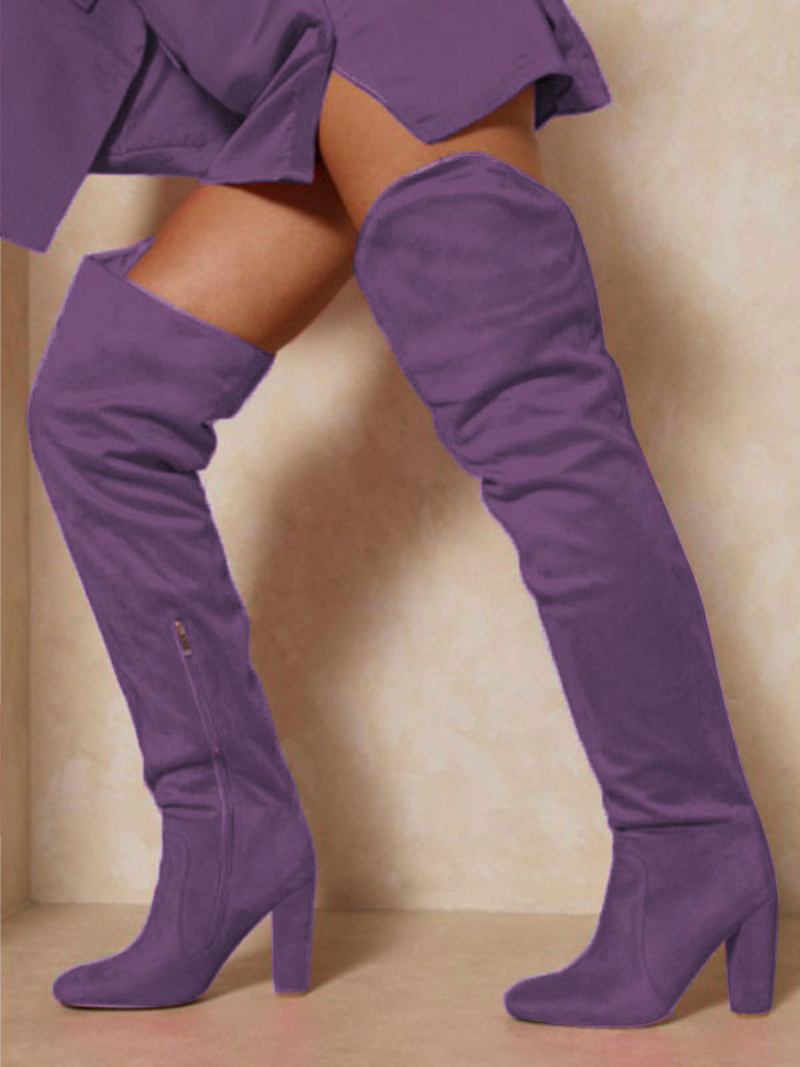 Botas Femininas Cano Alto Com Coxa Larga E Camurça Salto Grosso Sobre O Joelho - Roxo