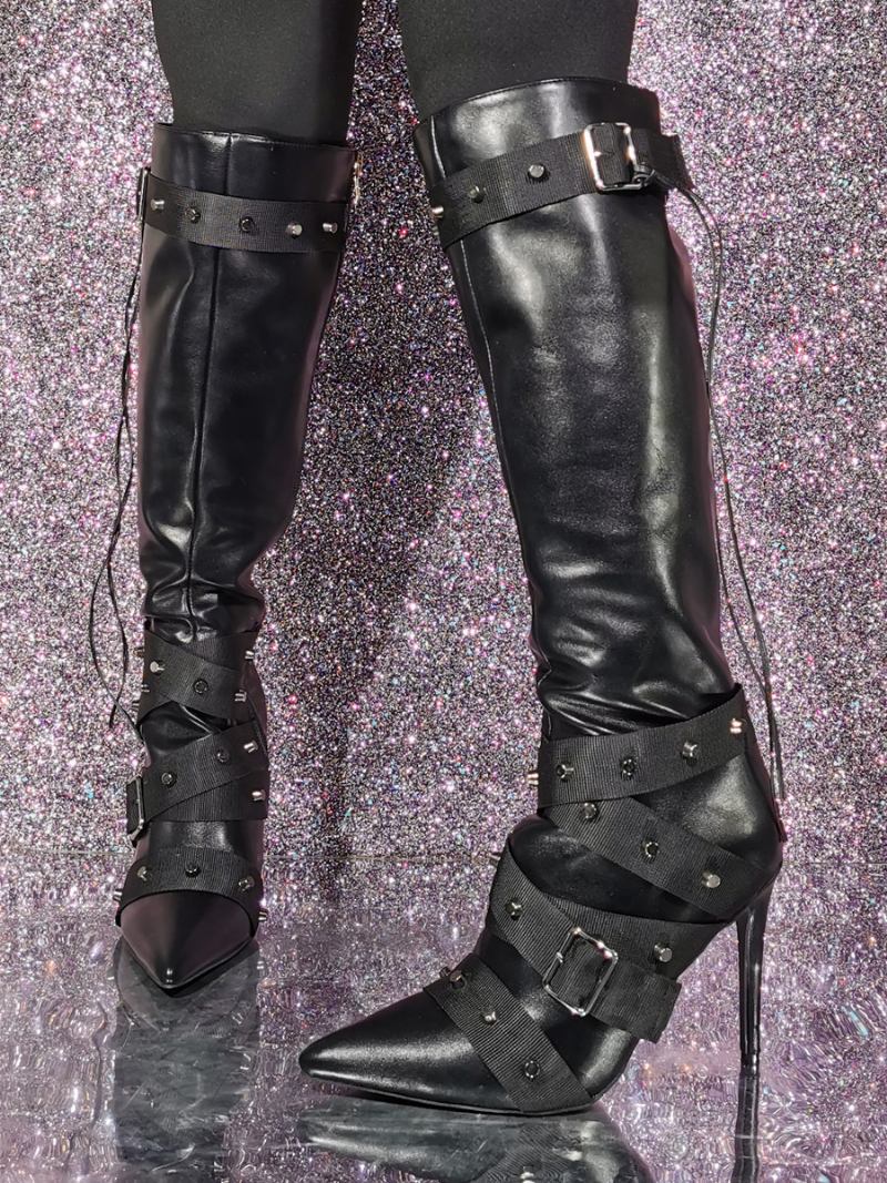 Botas Femininas Cano Alto Com Detalhe Fivela Preta - Preto