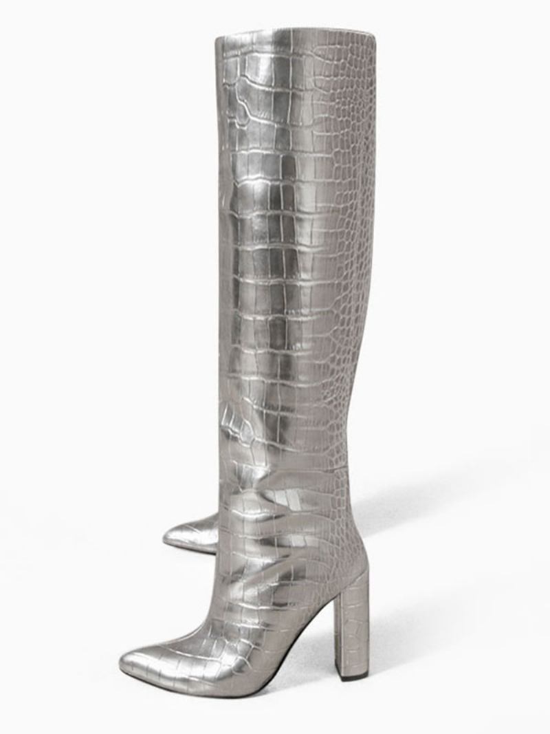 Botas Femininas Cano Alto Com Estampa Crocodilo E Salto Grosso - Prata