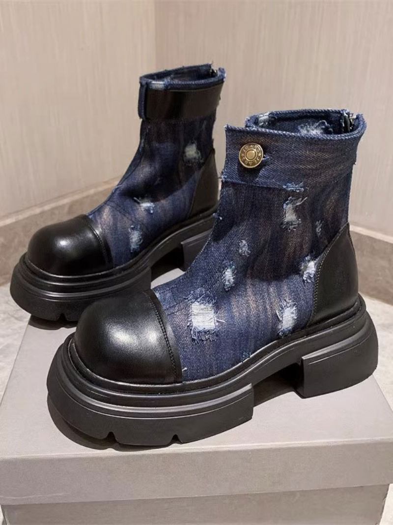 Botas Femininas Cano Curto Com Patchwork Jeans E Bico Redondo -  Azul Profundo 