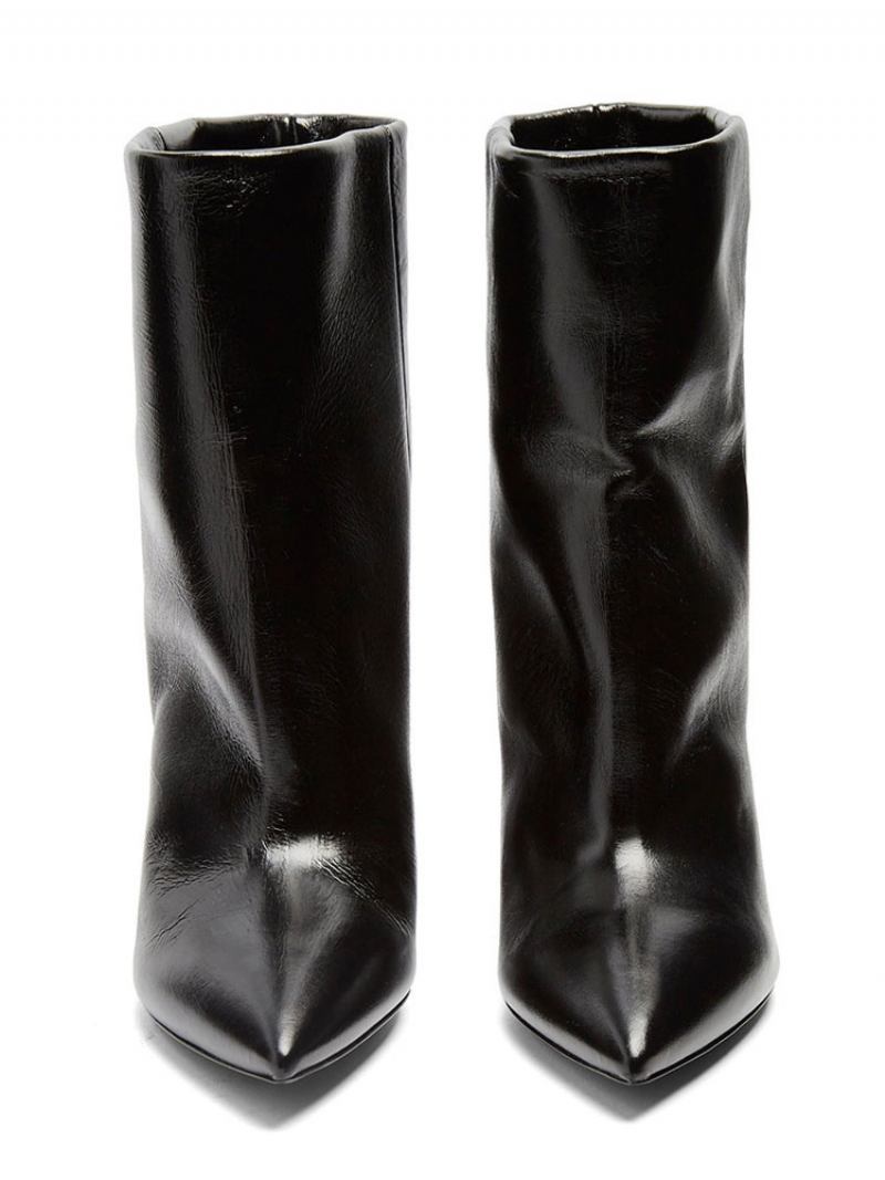 Botas Femininas Cano Médio Couro Pu Bico Fino Com Salto Em Formato Especial - Preto