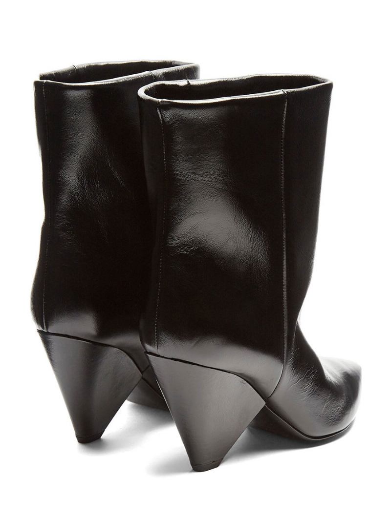 Botas Femininas Cano Médio Couro Pu Bico Fino Com Salto Em Formato Especial - Preto