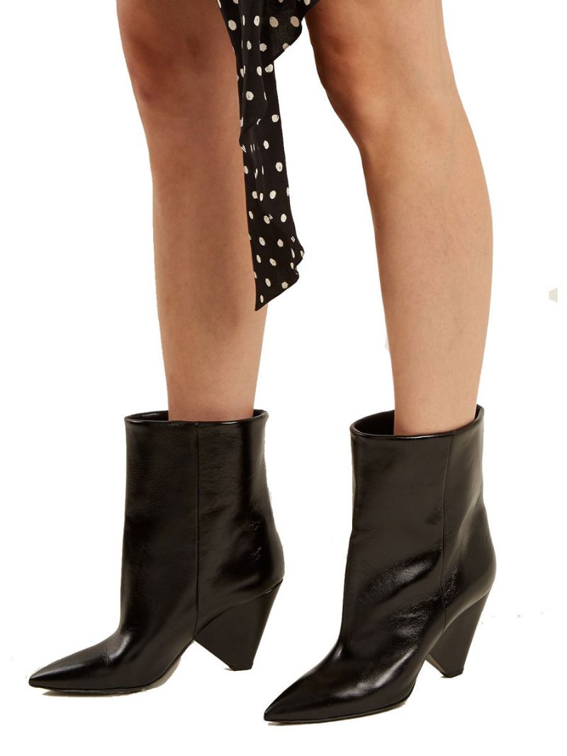 Botas Femininas Cano Médio Couro Pu Bico Fino Com Salto Em Formato Especial - Preto