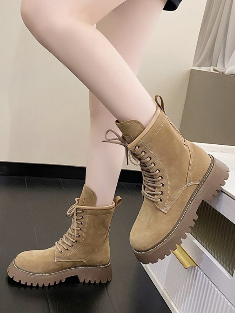 Botas Femininas Cáqui Até O Tornozelo Com Cadarço E Bico Redondo
