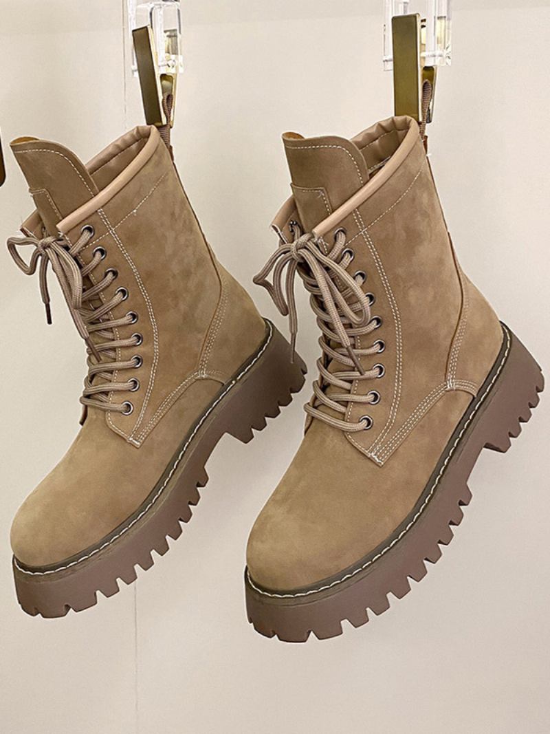 Botas Femininas Cáqui Até O Tornozelo Com Cadarço E Bico Redondo - Cáqui