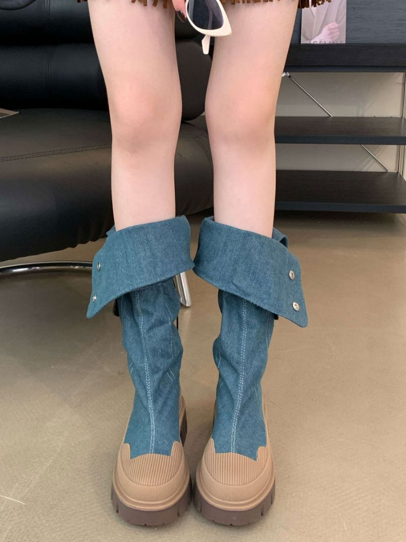 Botas Femininas Chiques Com Salto Grosso E Joelho - Azul