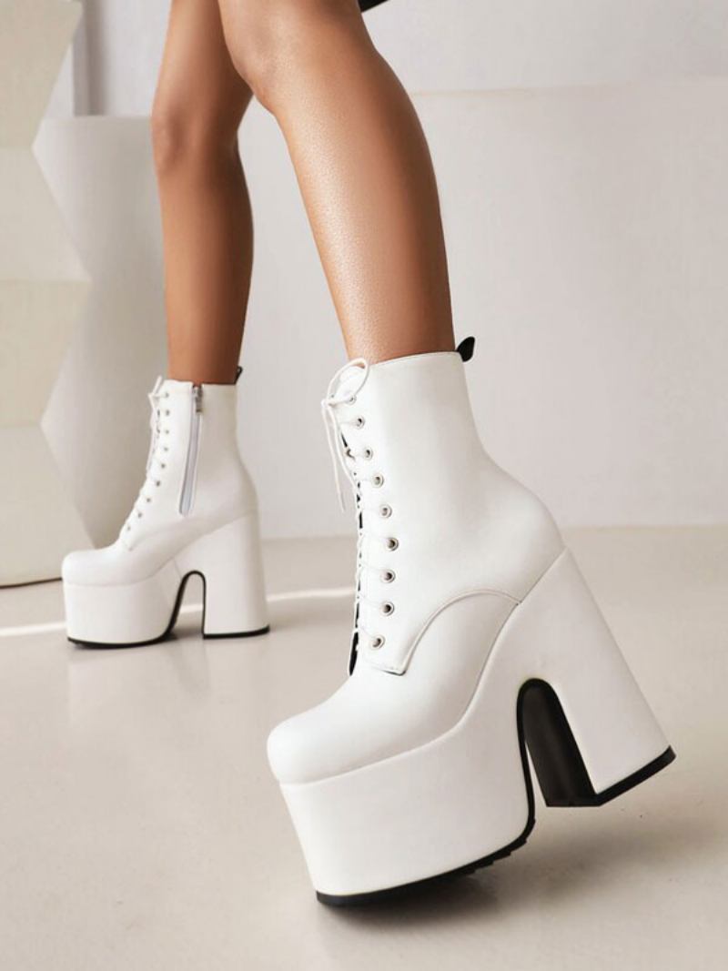 Botas Femininas Com Cadarço E Salto Redondo Grosso - Branco