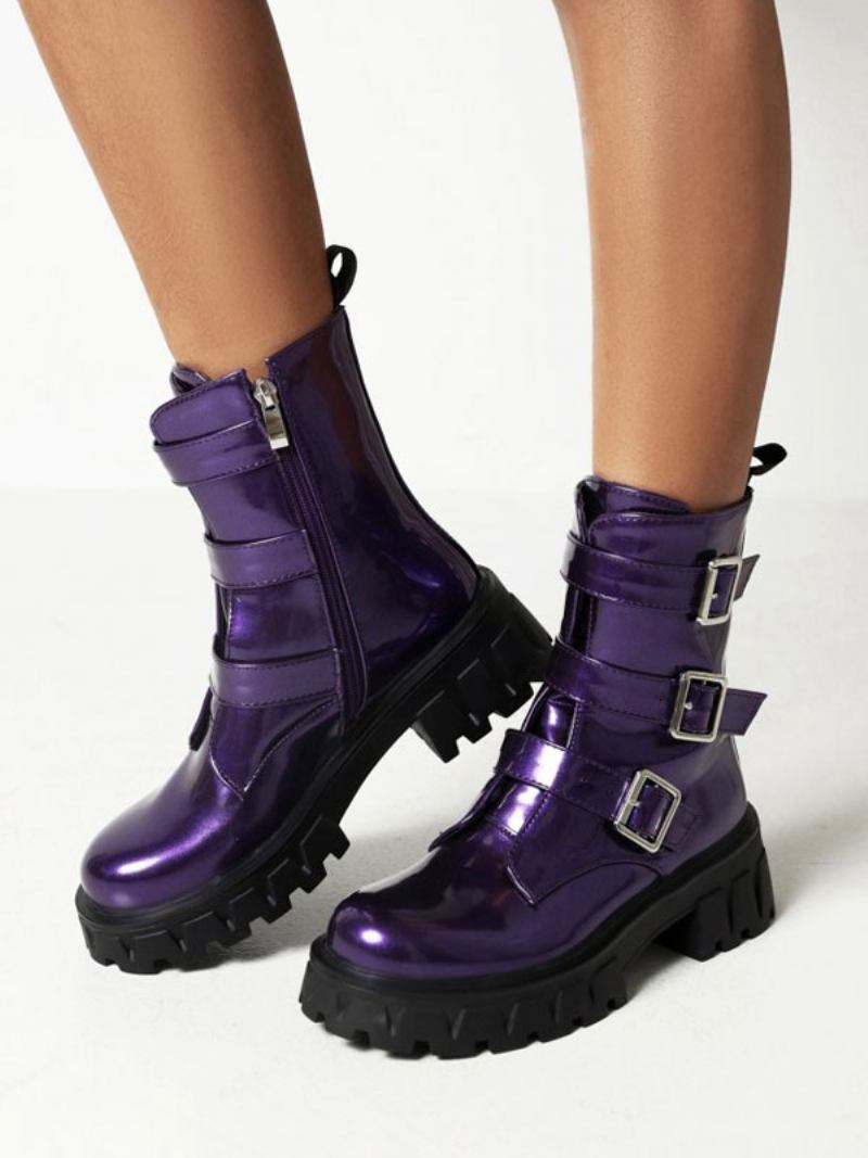 Botas Femininas Com Detalhes Metal Patenteado Em Pu Bico Redondo E Salto Grosso - Roxo