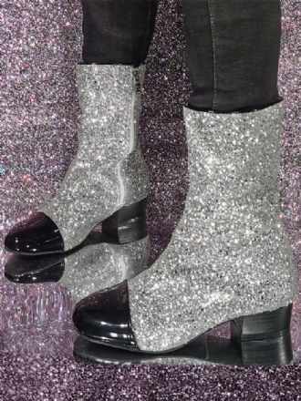 Botas Femininas Com Lantejoulas E Bico Redondo Salto Cachorrinho