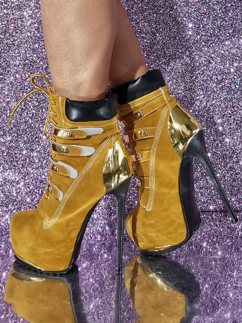 Botas Femininas Com Salto Agulha E Bico Redondo - Laranja