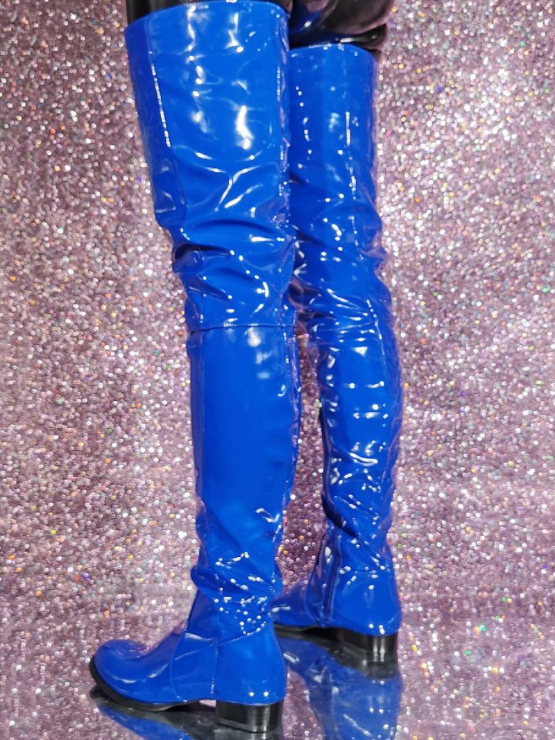 Botas Femininas Com Salto Cachorrinho Patenteado Em Pu Sobre O Joelho - Azul