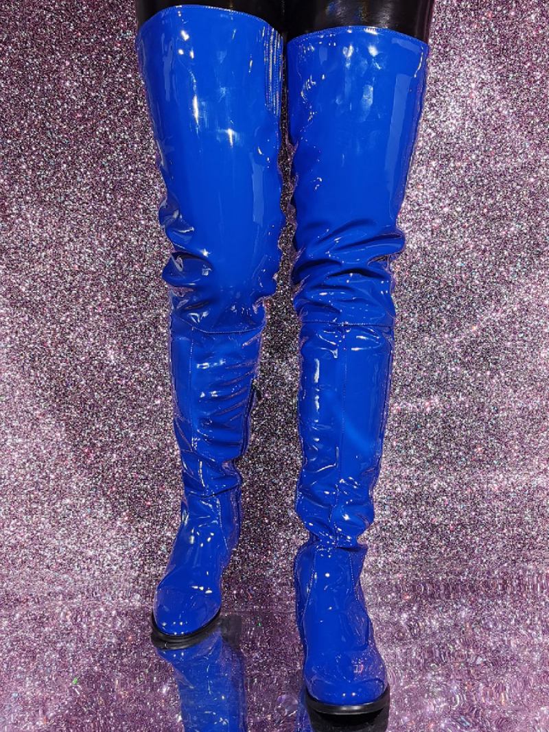 Botas Femininas Com Salto Cachorrinho Patenteado Em Pu Sobre O Joelho - Azul