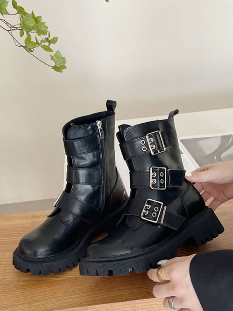 Botas Femininas Couro Pu Com Fivela Redonda E Salto Grosso - Preto