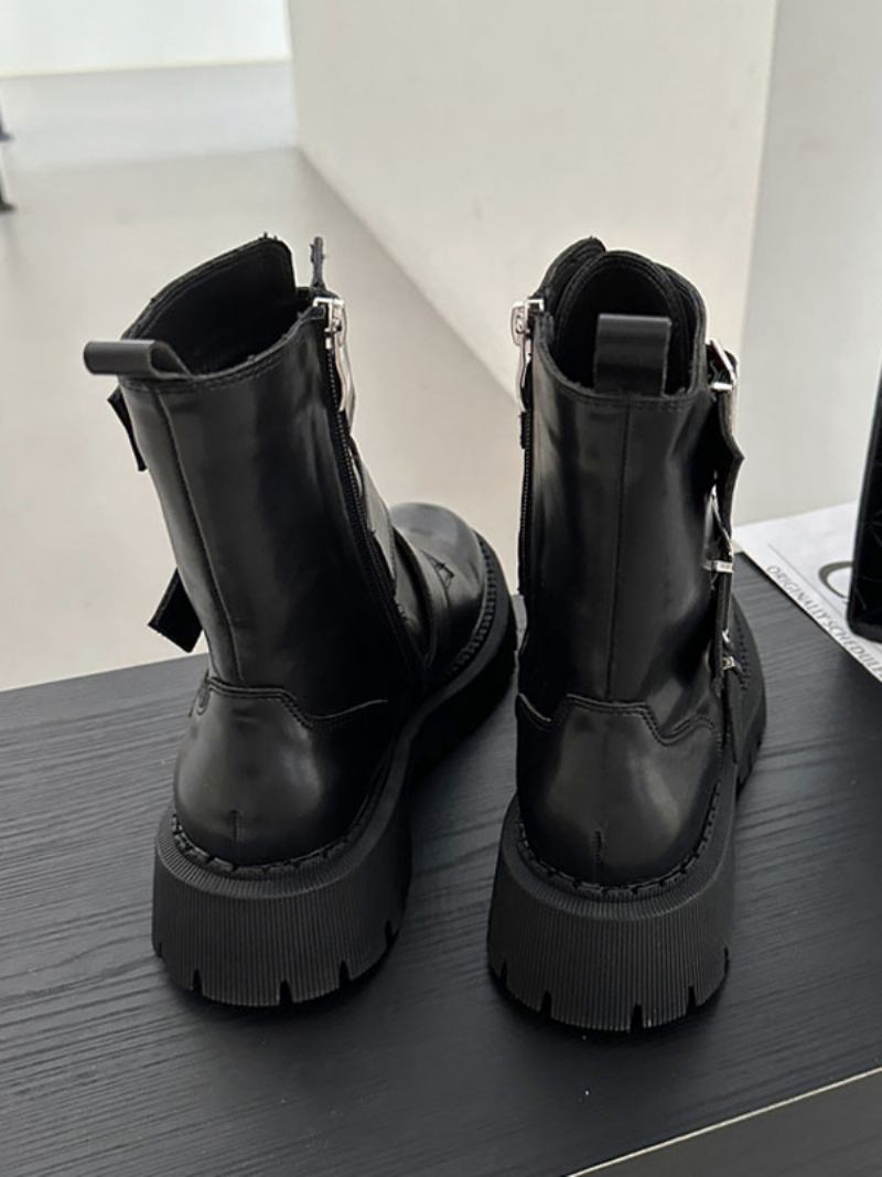Botas Femininas Couro Pu Com Fivela Redonda E Salto Grosso - Preto