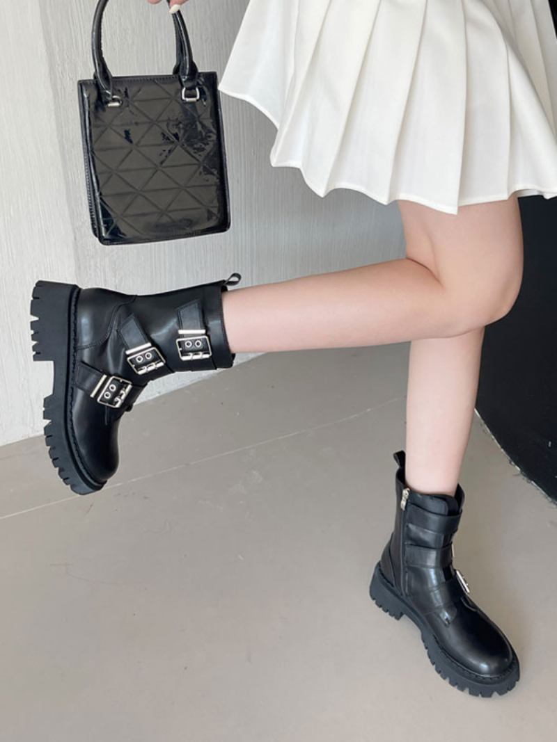 Botas Femininas Couro Pu Com Fivela Redonda E Salto Grosso - Preto