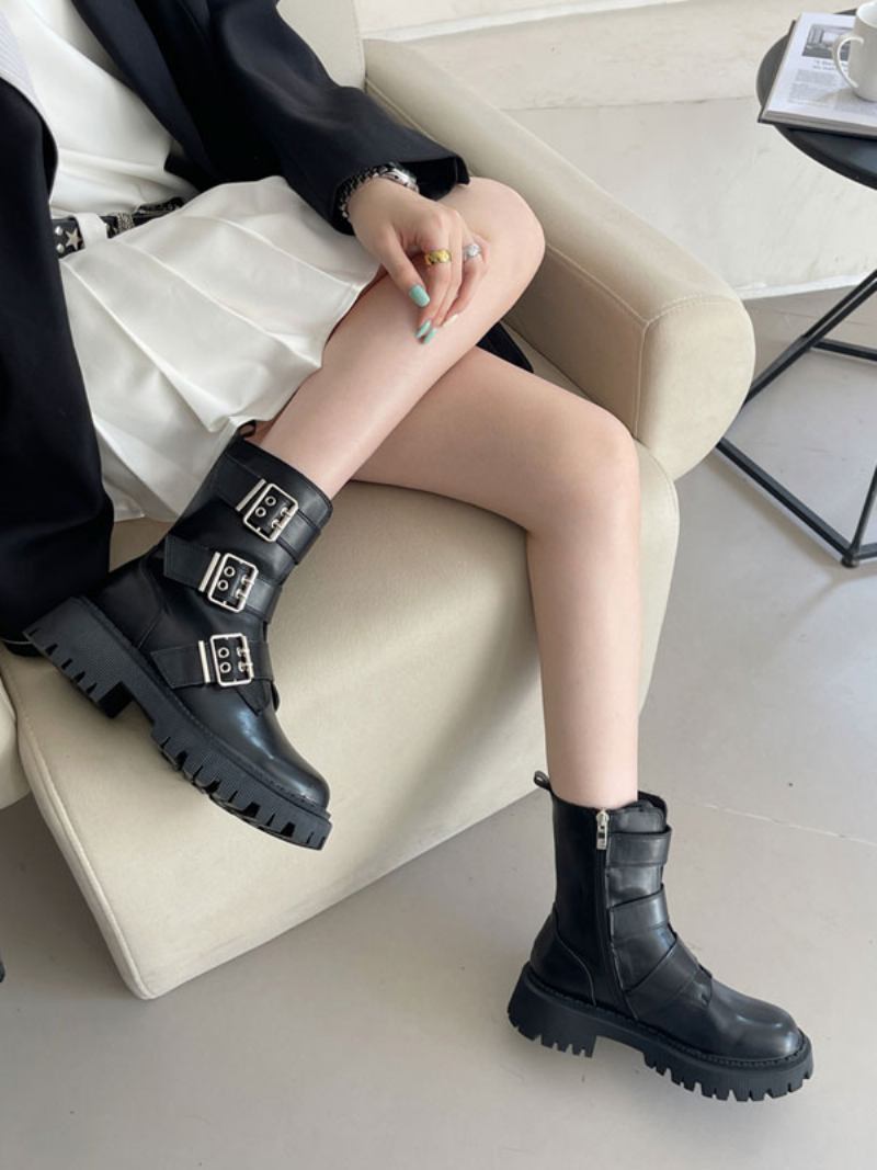 Botas Femininas Couro Pu Com Fivela Redonda E Salto Grosso - Preto