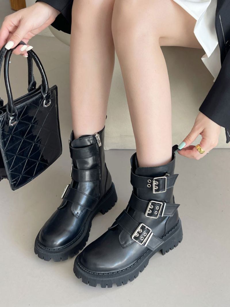 Botas Femininas Couro Pu Com Fivela Redonda E Salto Grosso - Preto