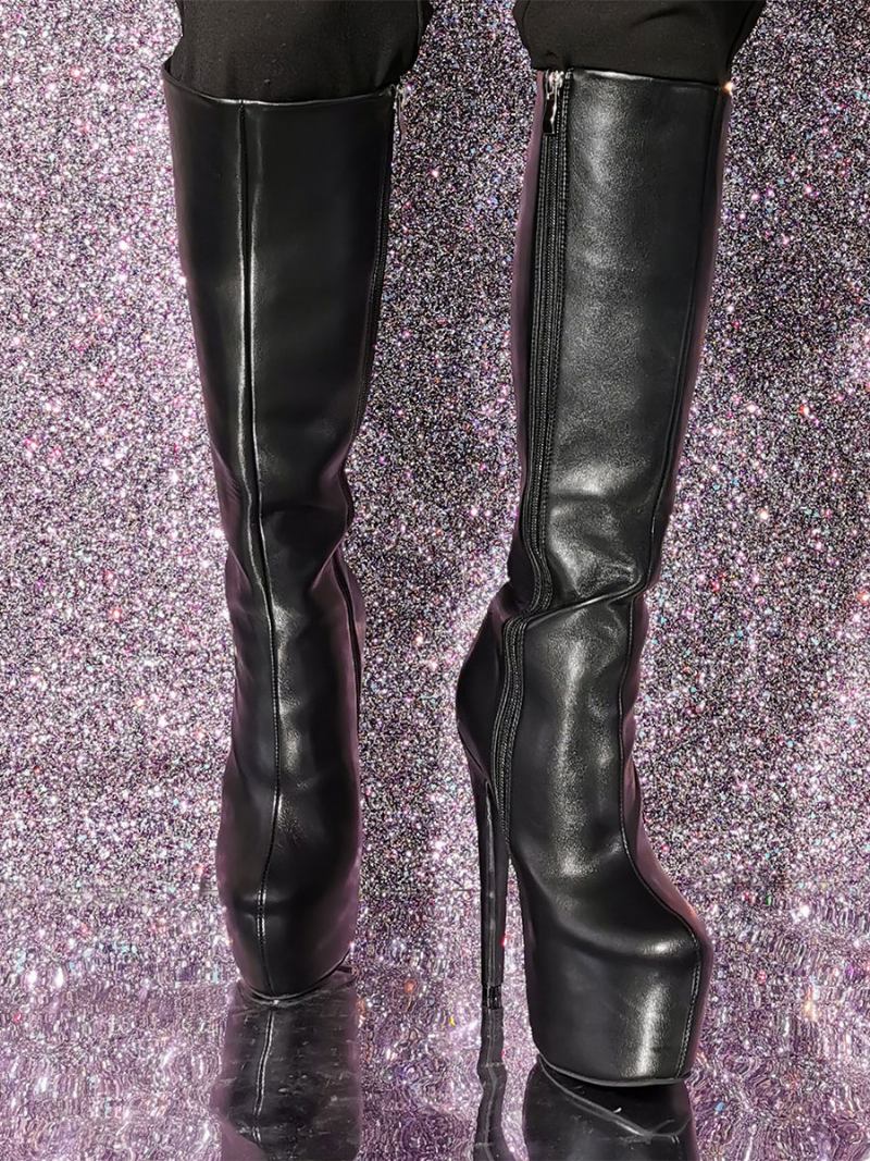 Botas Femininas Couro Pu Com Salto Agulha E - Preto